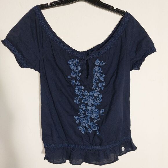 Abercrombie & Fitch Women's Bohemian Floral Off the Shoulder Navy Blouse EUC - Picture 1 of 10